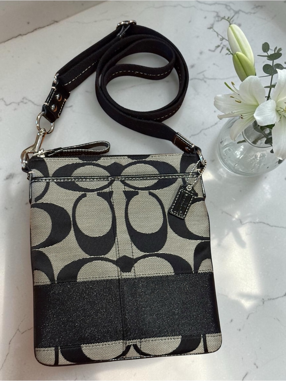 Coach Signature Jacquard Swingpack Crossbody Bag Black & Gray NWOT
